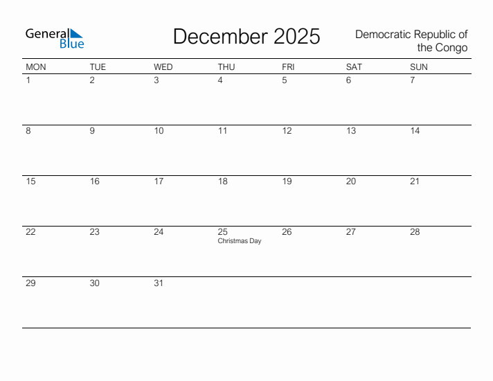 Printable December 2025 Calendar for Democratic Republic of the Congo