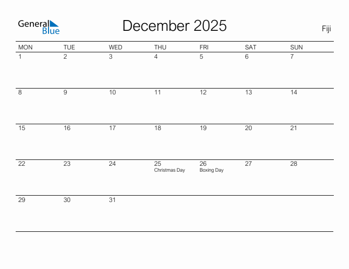Printable December 2025 Calendar for Fiji