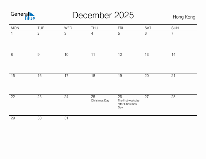 Printable December 2025 Calendar for Hong Kong