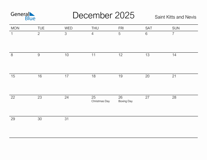 Printable December 2025 Calendar for Saint Kitts and Nevis