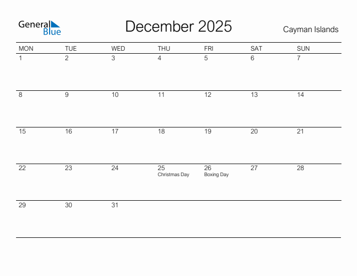 Printable December 2025 Calendar for Cayman Islands