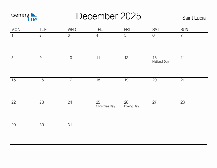 Printable December 2025 Calendar for Saint Lucia