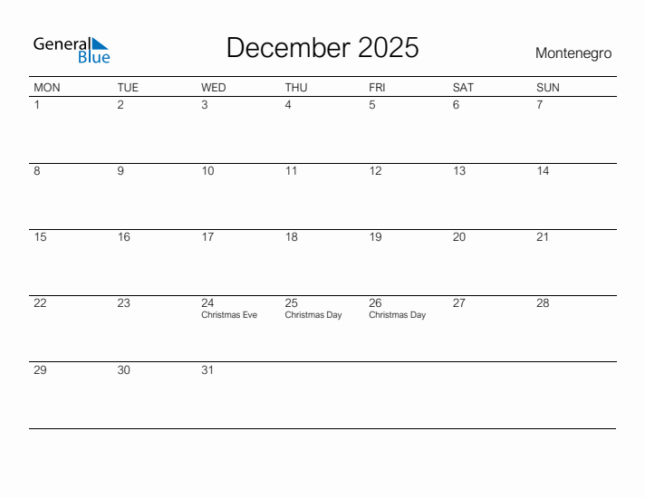 Printable December 2025 Calendar for Montenegro