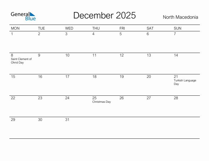 Printable December 2025 Calendar for North Macedonia