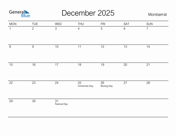 Printable December 2025 Calendar for Montserrat