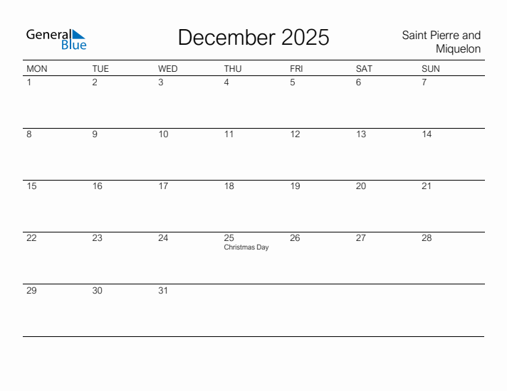 Printable December 2025 Calendar for Saint Pierre and Miquelon