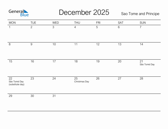 Printable December 2025 Calendar for Sao Tome and Principe