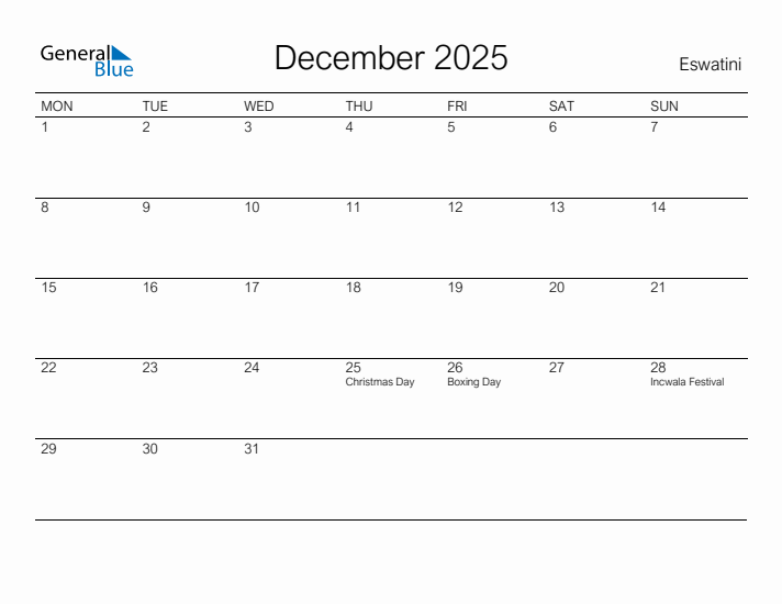 Printable December 2025 Calendar for Eswatini