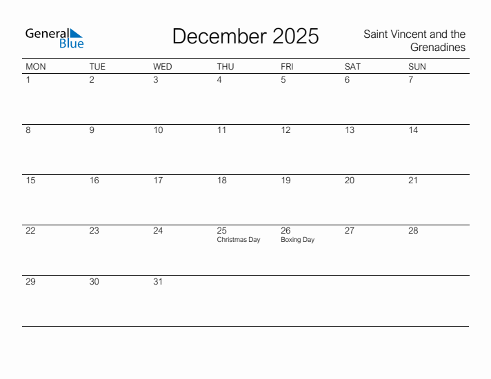 Printable December 2025 Calendar for Saint Vincent and the Grenadines