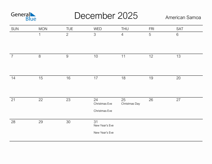 Printable December 2025 Calendar for American Samoa