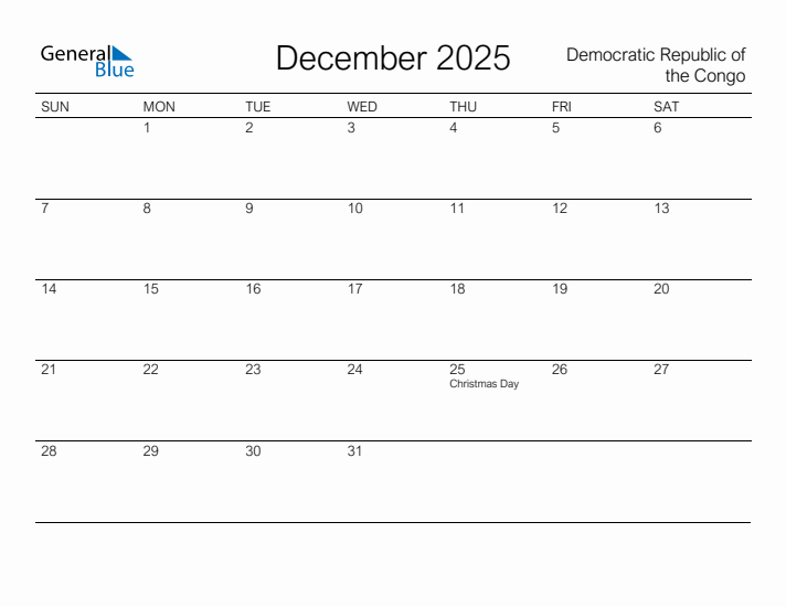 Printable December 2025 Calendar for Democratic Republic of the Congo