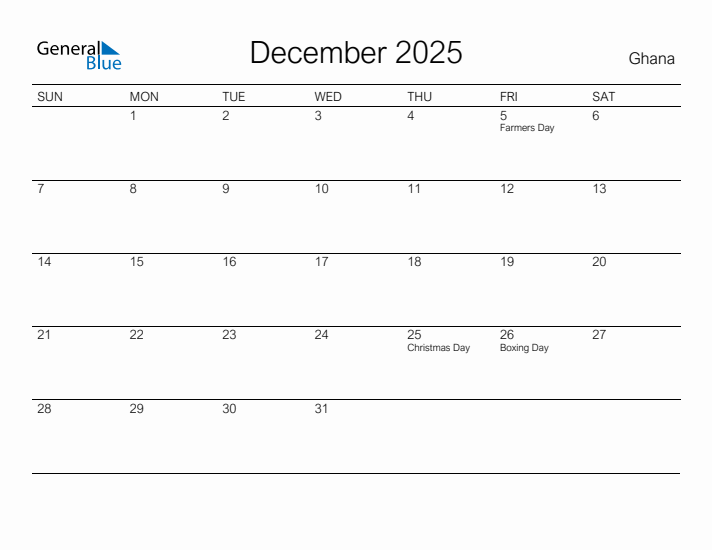 Printable December 2025 Calendar for Ghana