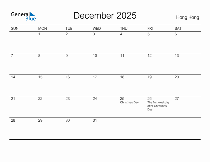 Printable December 2025 Calendar for Hong Kong