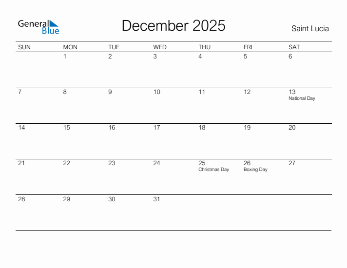 Printable December 2025 Calendar for Saint Lucia