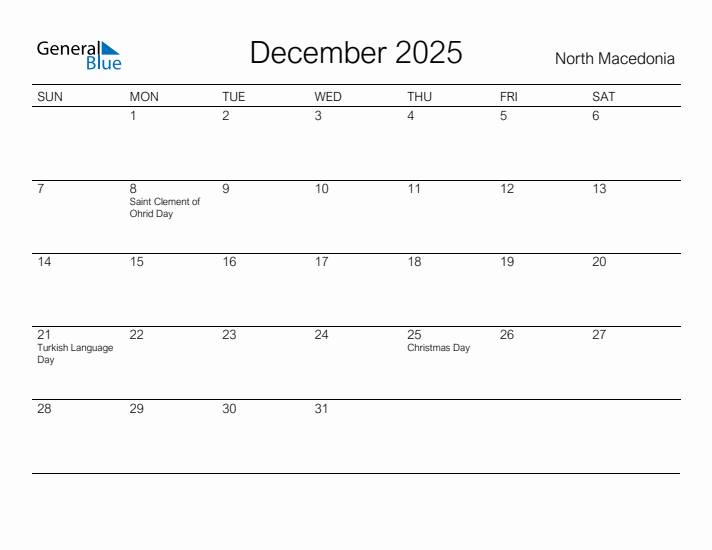 Printable December 2025 Calendar for North Macedonia