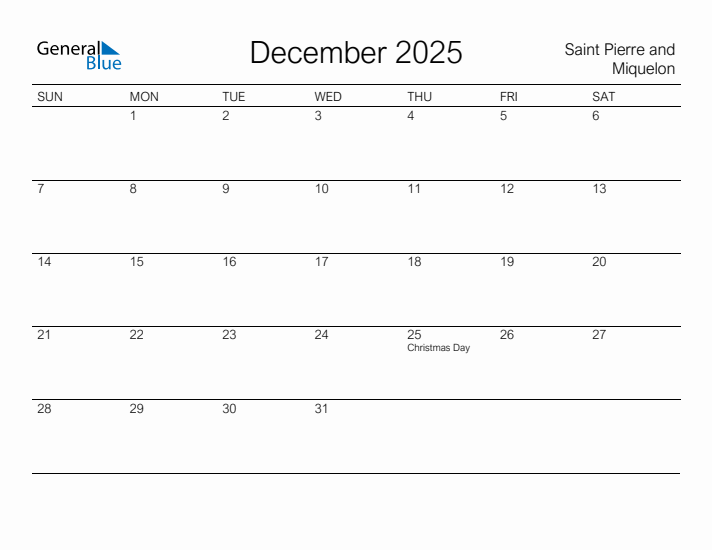 Printable December 2025 Calendar for Saint Pierre and Miquelon