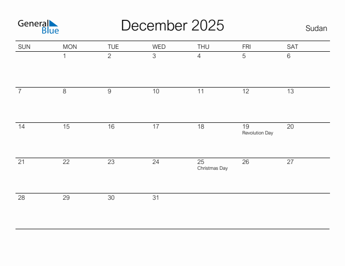 Printable December 2025 Calendar for Sudan