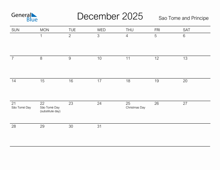 Printable December 2025 Calendar for Sao Tome and Principe
