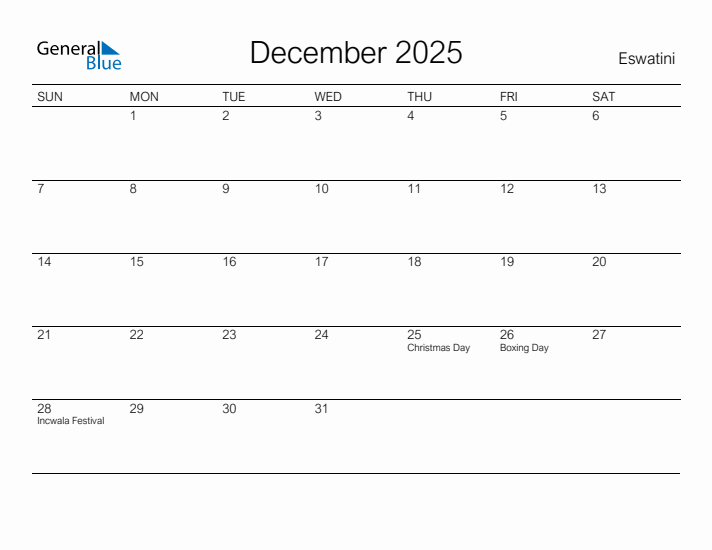 Printable December 2025 Calendar for Eswatini