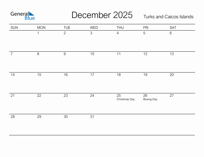 Printable December 2025 Calendar for Turks and Caicos Islands