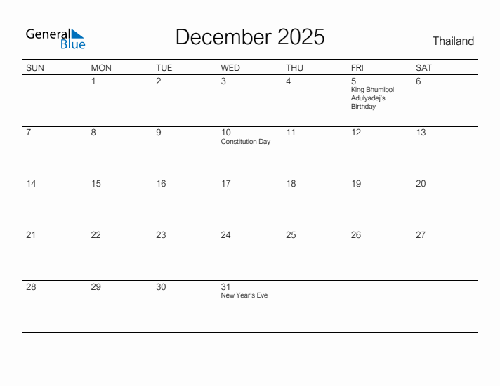 Printable December 2025 Calendar for Thailand