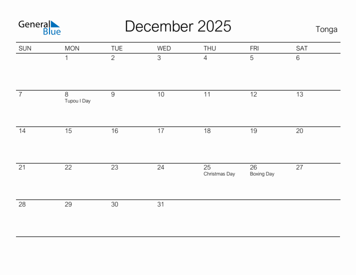 Printable December 2025 Calendar for Tonga