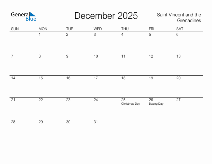Printable December 2025 Calendar for Saint Vincent and the Grenadines