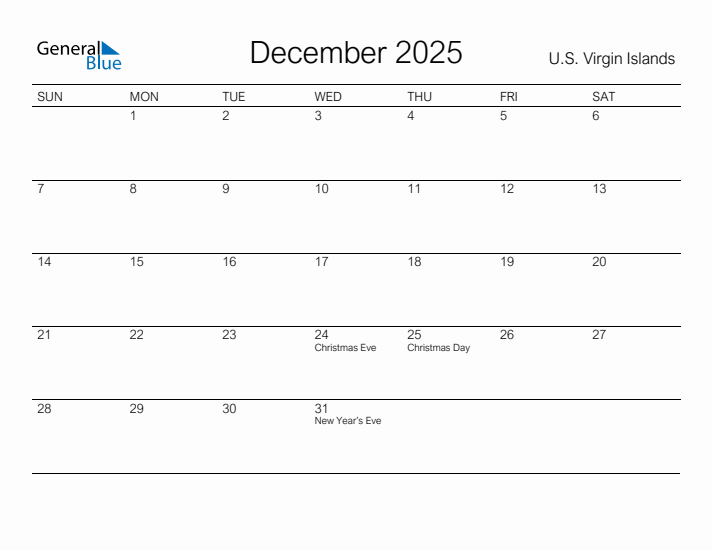 Printable December 2025 Calendar for U.S. Virgin Islands