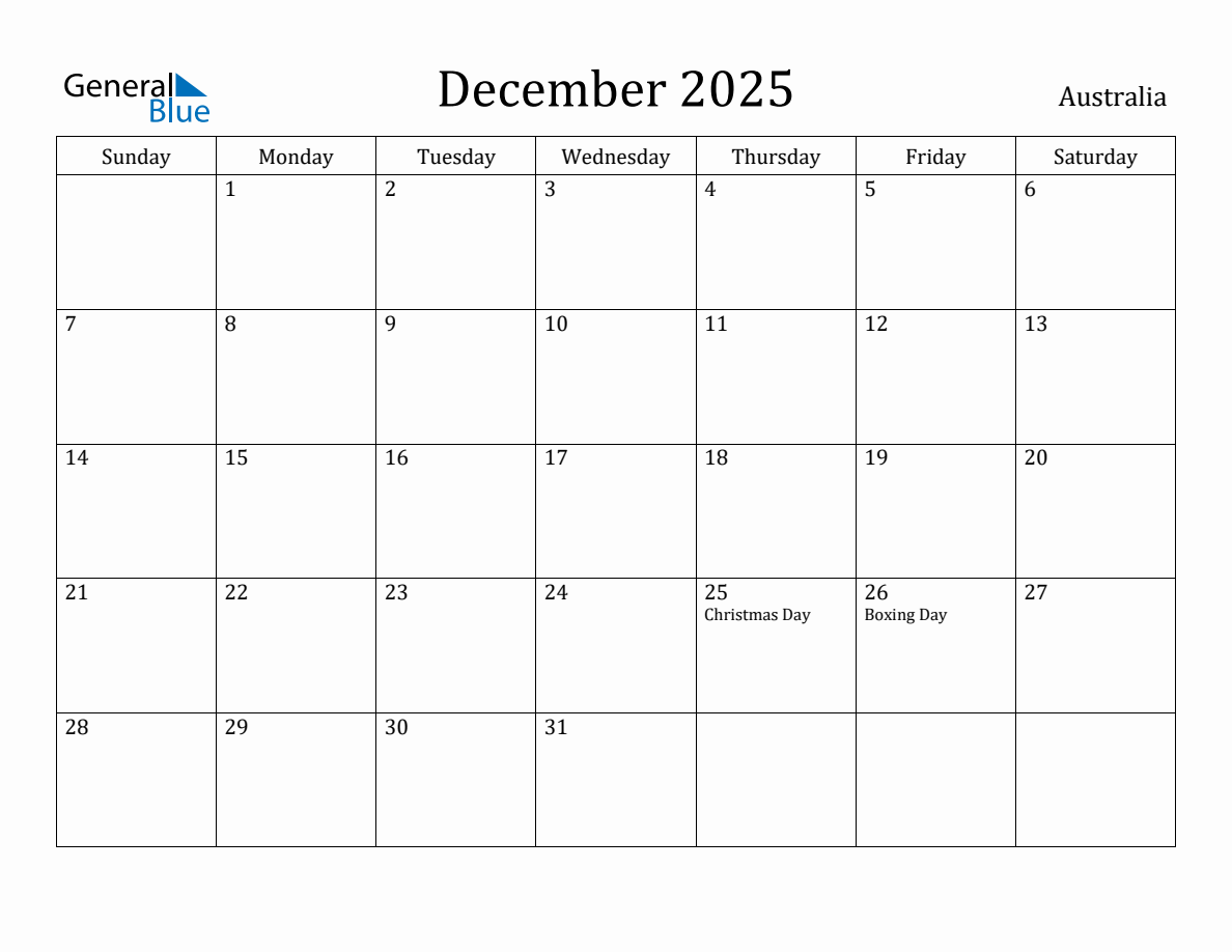 December 2025 monthly calendar with holidays in Australia