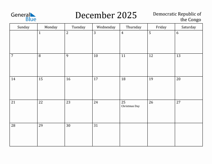 December 2025 Calendar Democratic Republic of the Congo