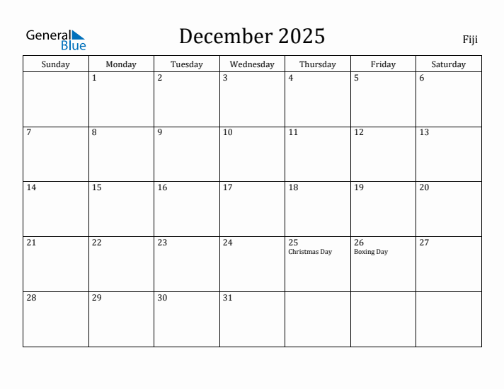 December 2025 Calendar Fiji