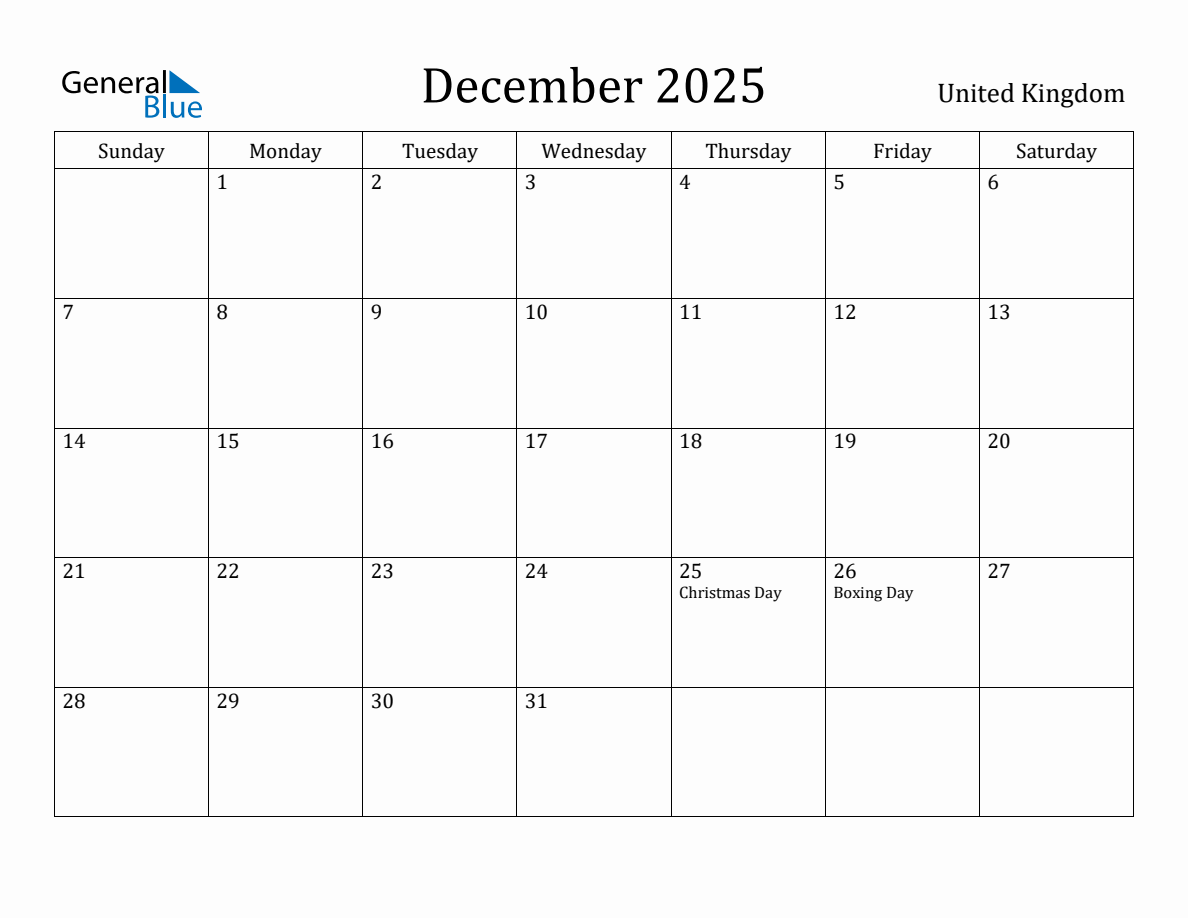 December 2025 monthly calendar with holidays in United Kingdom