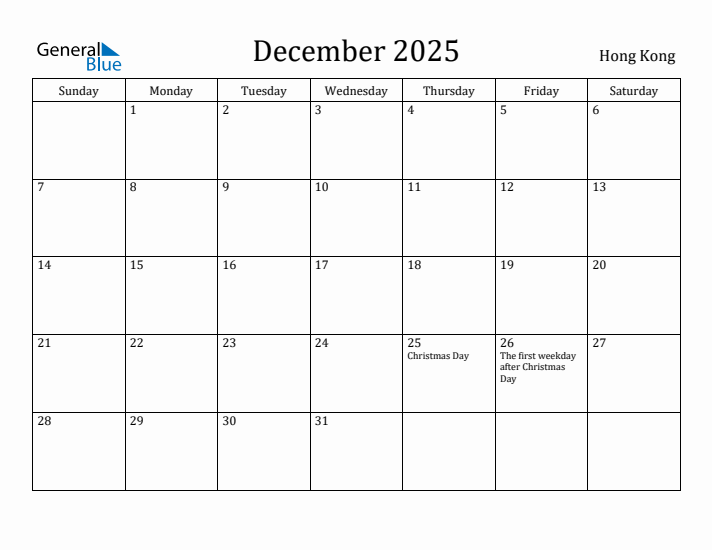 December 2025 Calendar Hong Kong