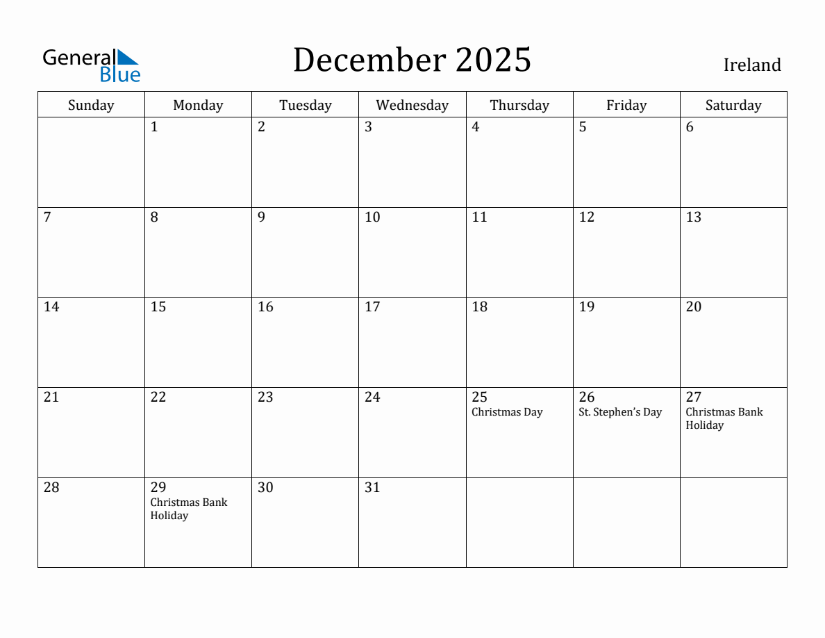December 2025 monthly calendar with holidays in Ireland