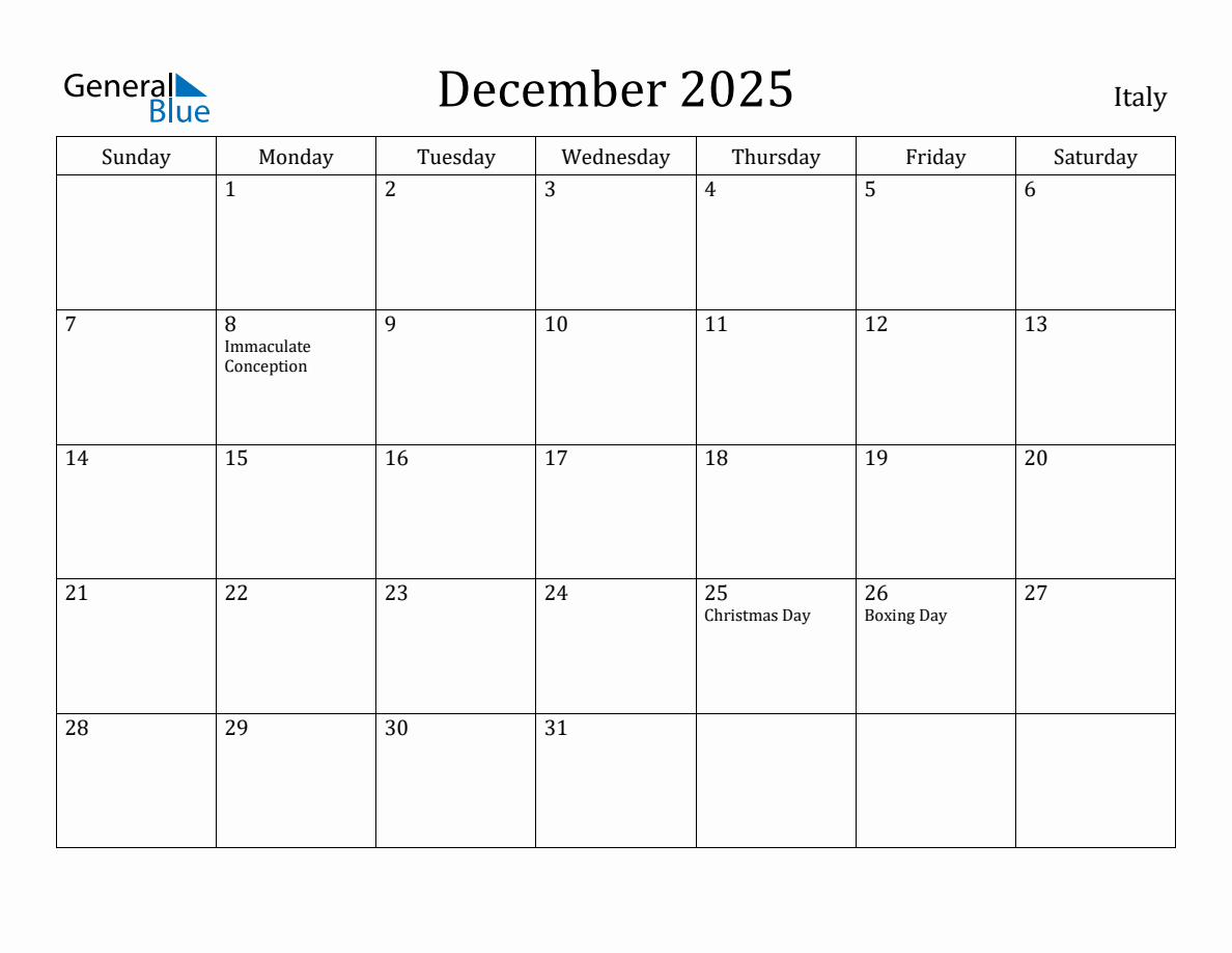 December 2025 monthly calendar with holidays in Italy