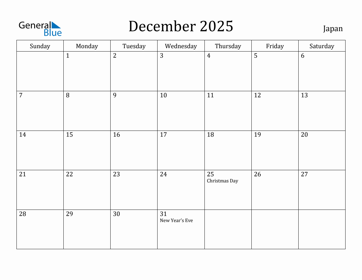 December 2025 monthly calendar with holidays in Japan