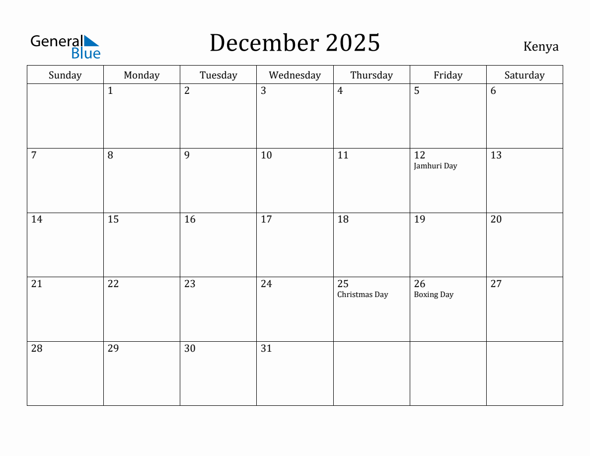 December 2025 monthly calendar with holidays in Kenya