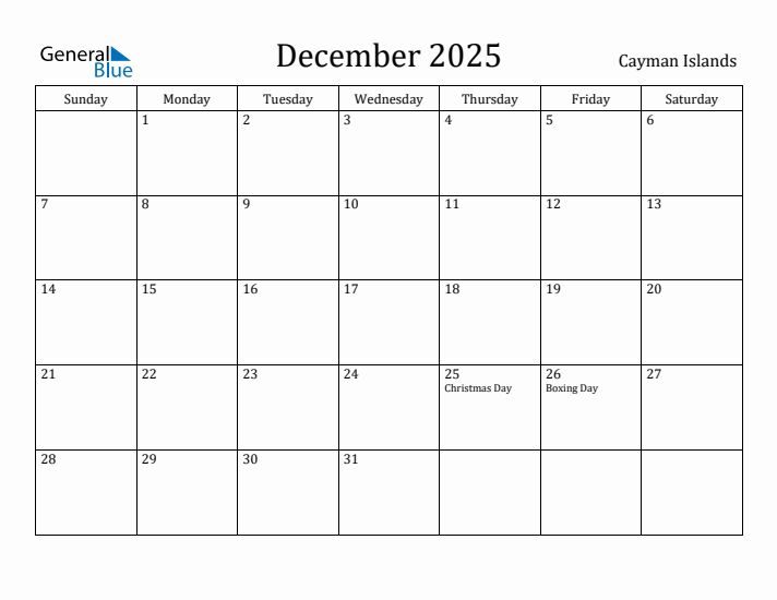 December 2025 Calendar Cayman Islands