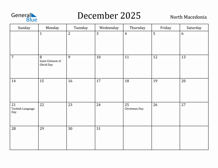 December 2025 Calendar North Macedonia