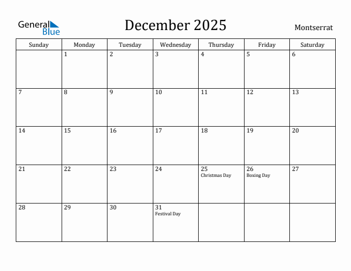 December 2025 Calendar Montserrat