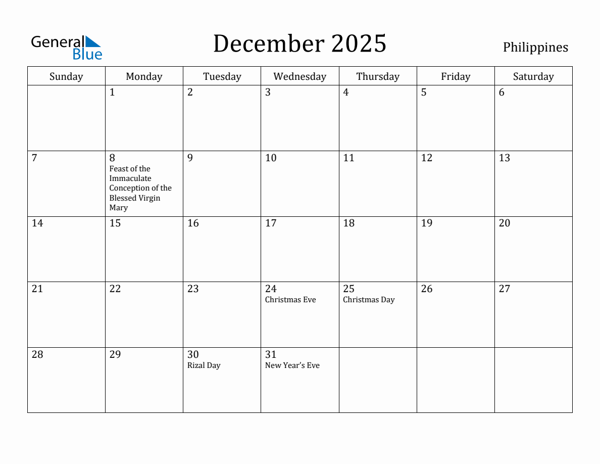 December 2025 monthly calendar with holidays in Philippines