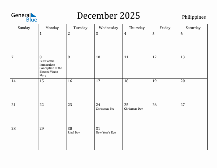 December 2025 Monthly Calendar with Philippines Holidays