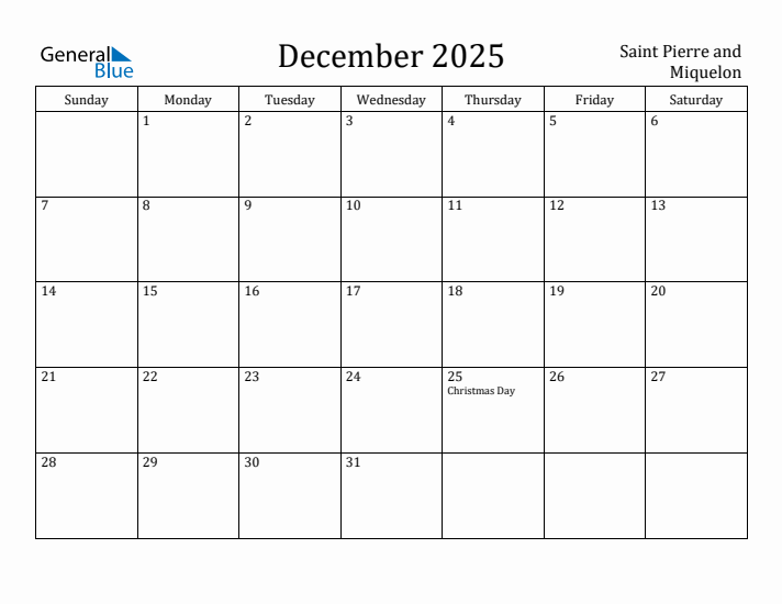 December 2025 Calendar Saint Pierre and Miquelon