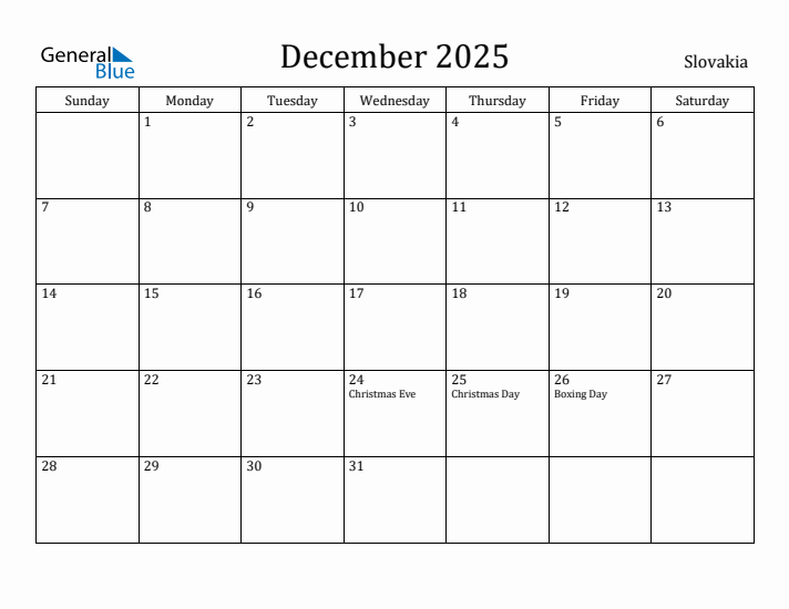 December 2025 Calendar Slovakia