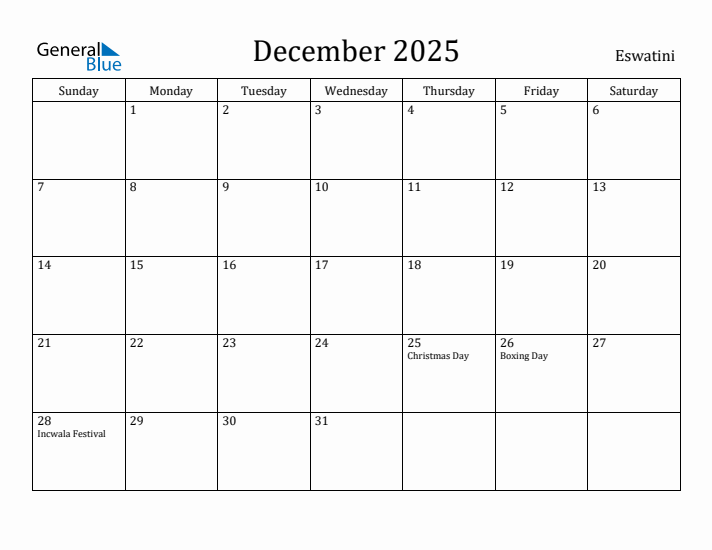 December 2025 Calendar Eswatini