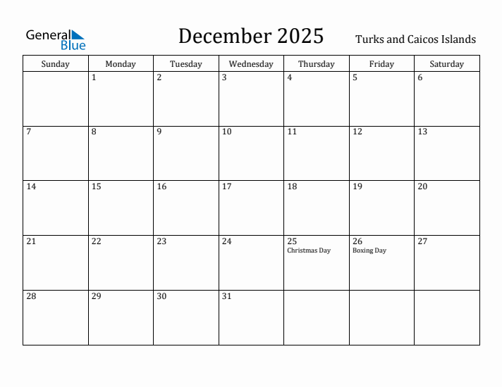 December 2025 Calendar Turks and Caicos Islands