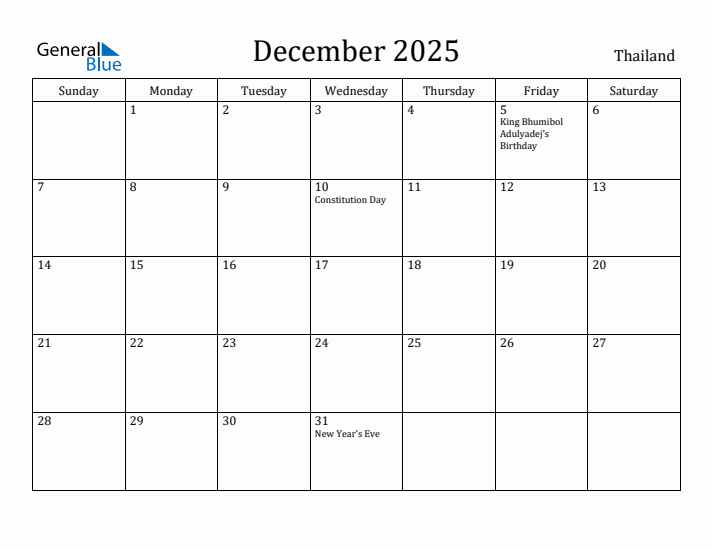 December 2025 Calendar Thailand