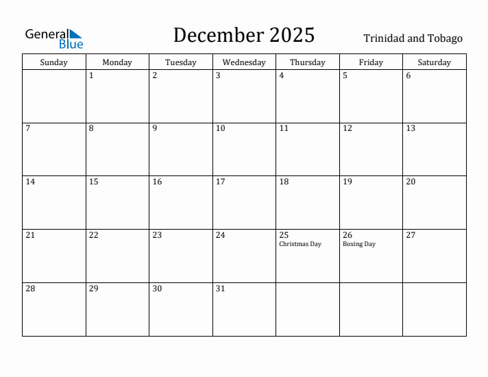 December 2025 Calendar Trinidad and Tobago