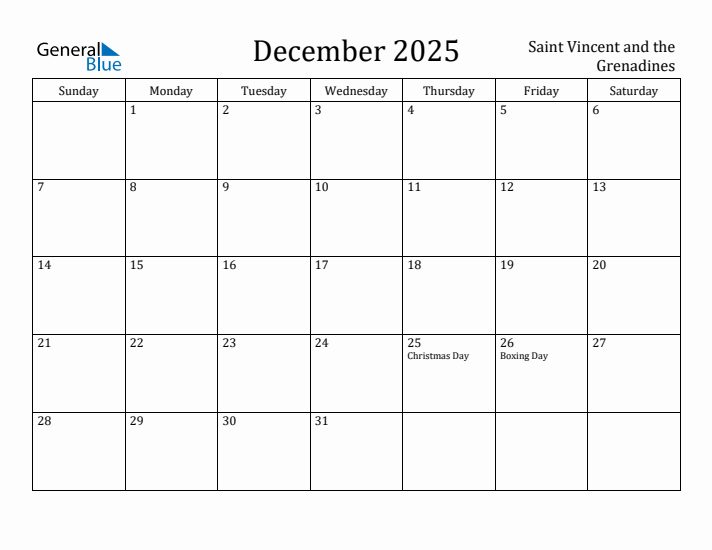 December 2025 Calendar Saint Vincent and the Grenadines