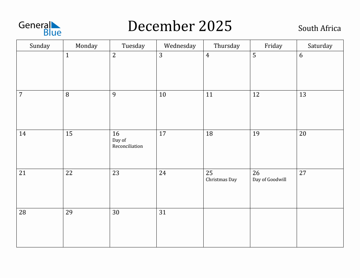 December 2025 monthly calendar with holidays in South Africa